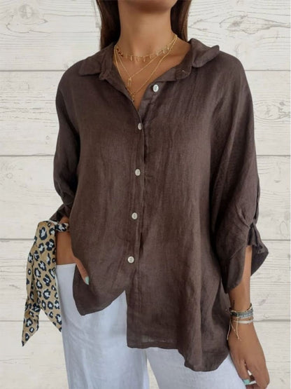 Stylish Linen Blouse Women With V Neckline And Bow
