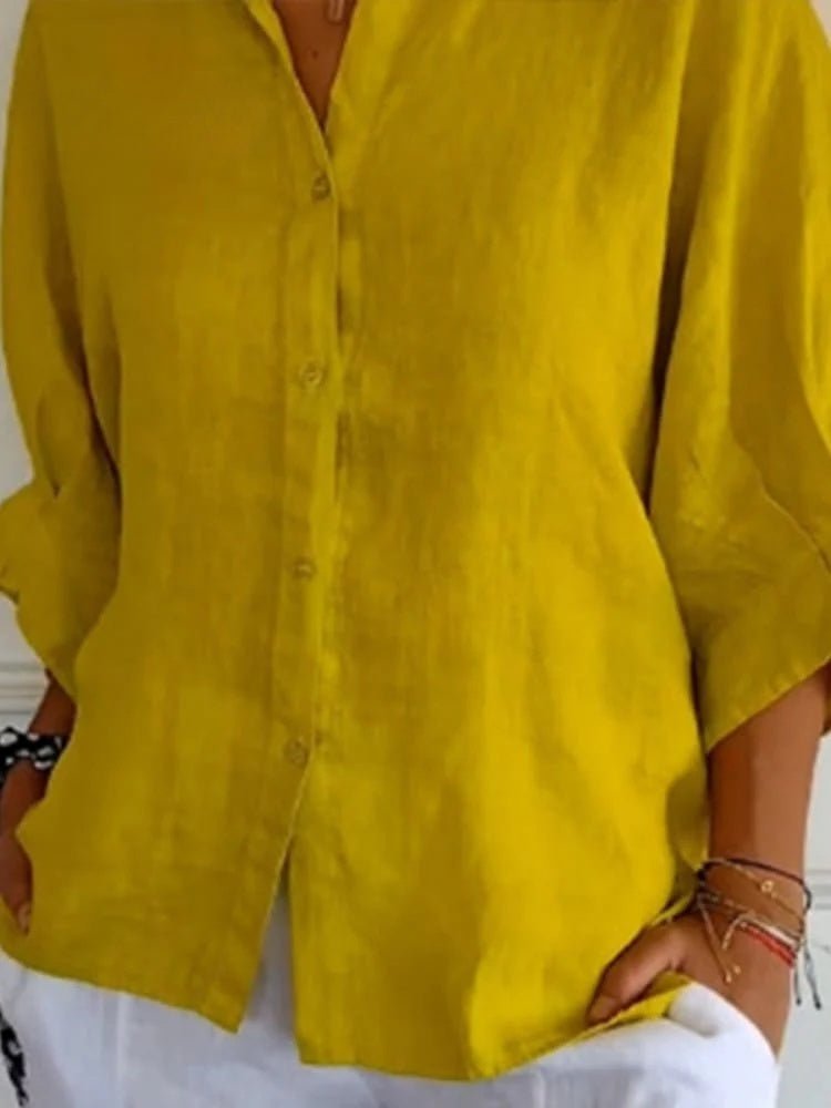 Stylish Linen Blouse Women With V Neckline And Bow