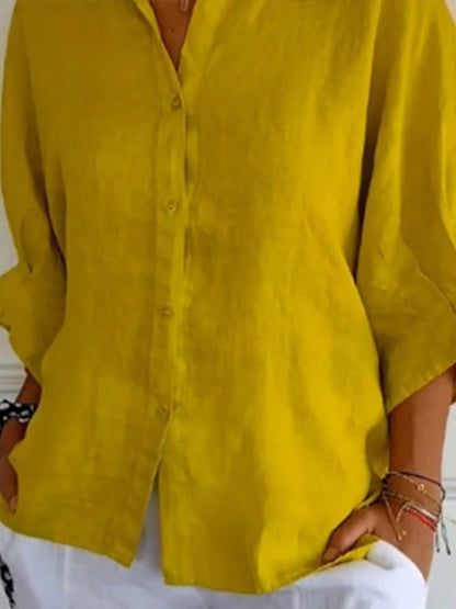 Stylish Linen Blouse Women With V Neckline And Bow