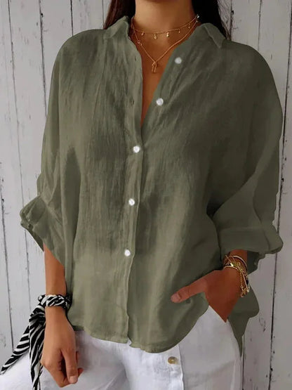 Stylish Linen Blouse Women With V Neckline And Bow