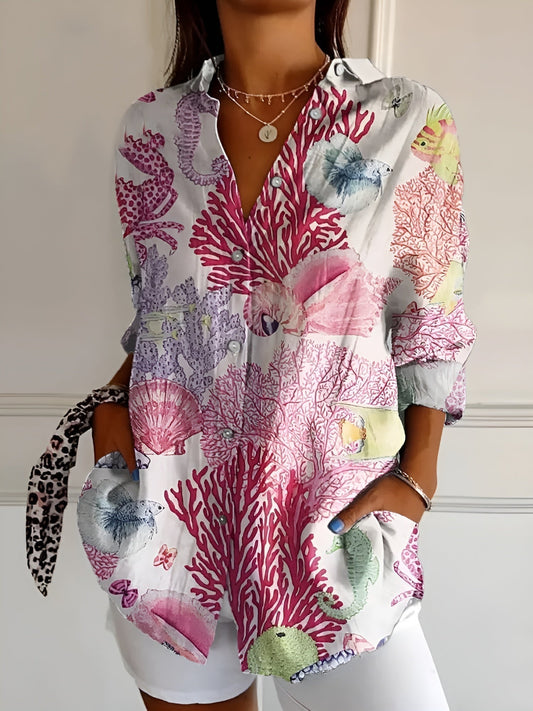 Button-Down Shirt Women Long Sleeve Light Fabric Airy Blouse