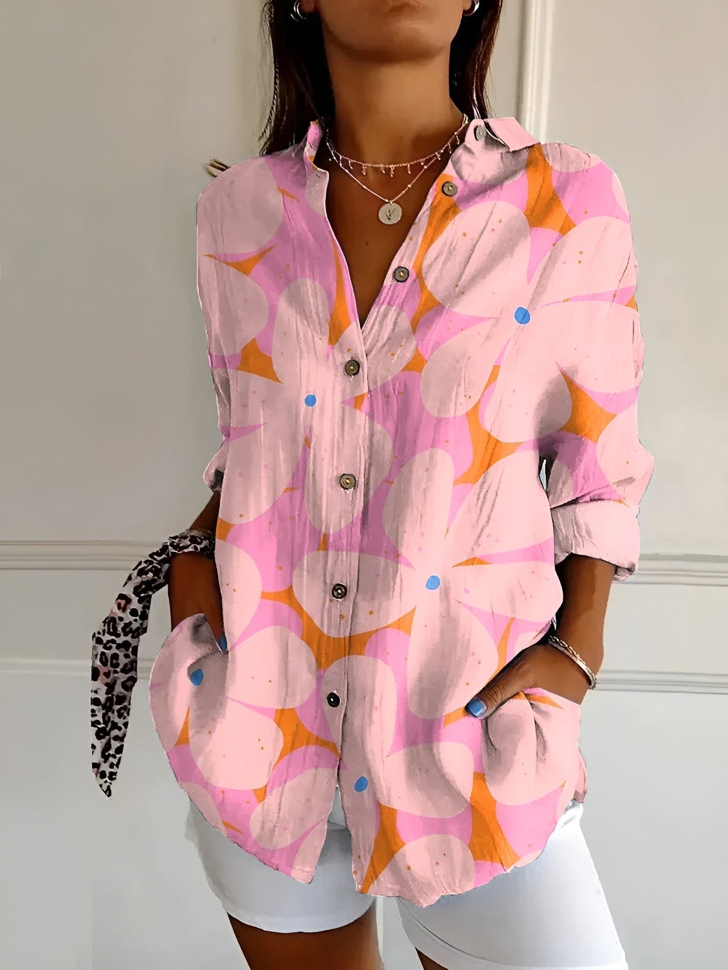 Button-Down Shirt Women Long Sleeve Light Fabric Airy Blouse