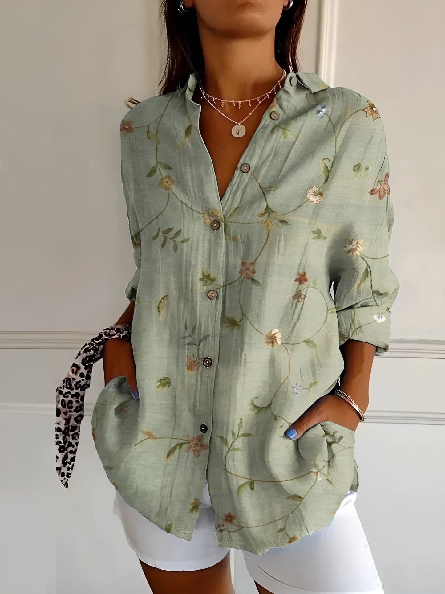 Button-Down Shirt Women Long Sleeve Light Fabric Airy Blouse