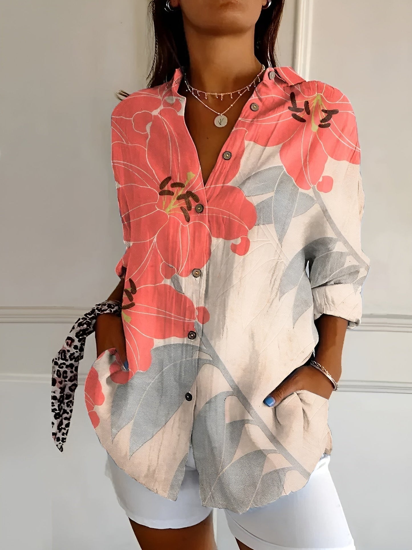 Button-Down Shirt Women Long Sleeve Light Fabric Airy Blouse