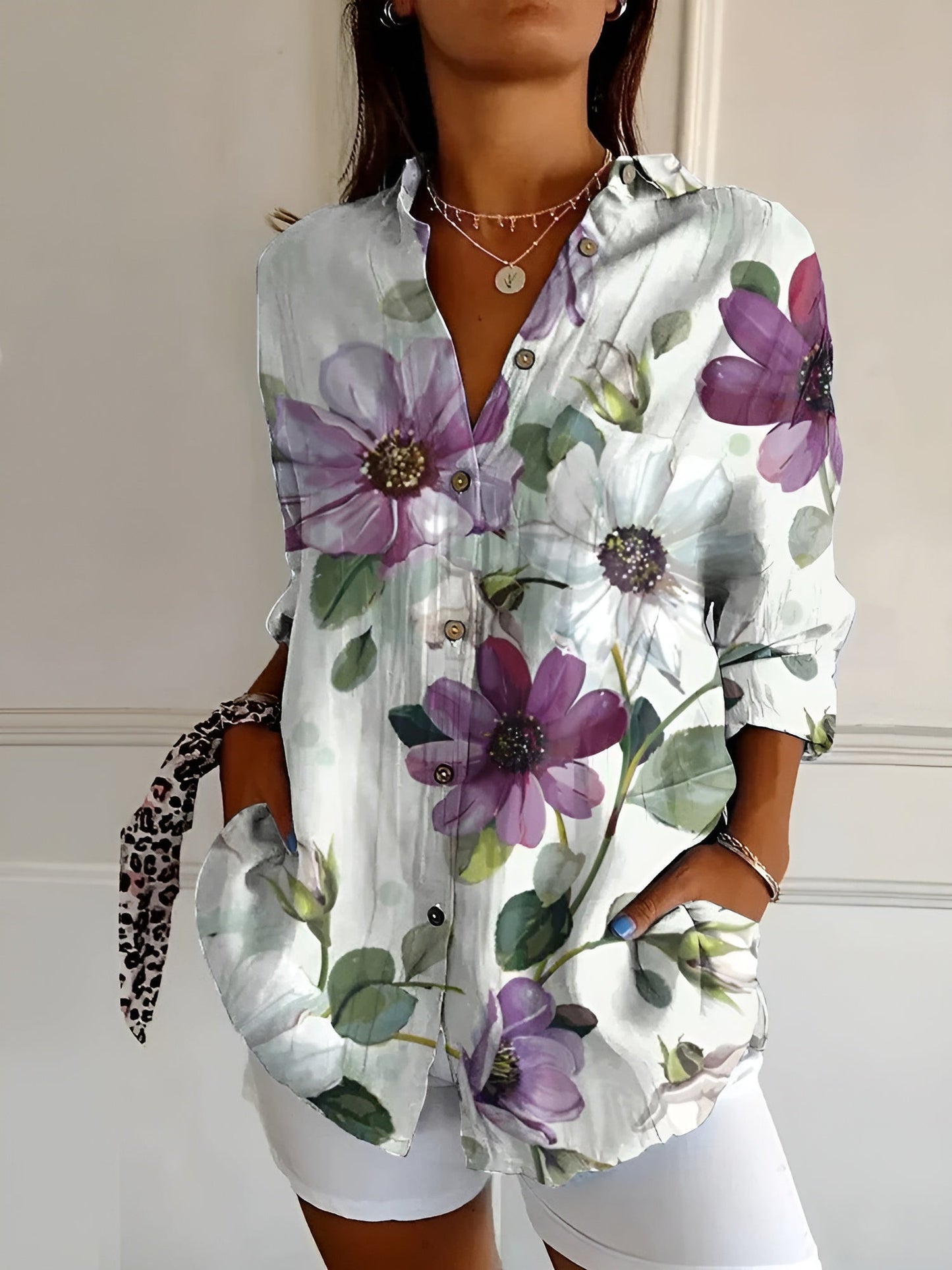 Button-Down Shirt Women Long Sleeve Light Fabric Airy Blouse
