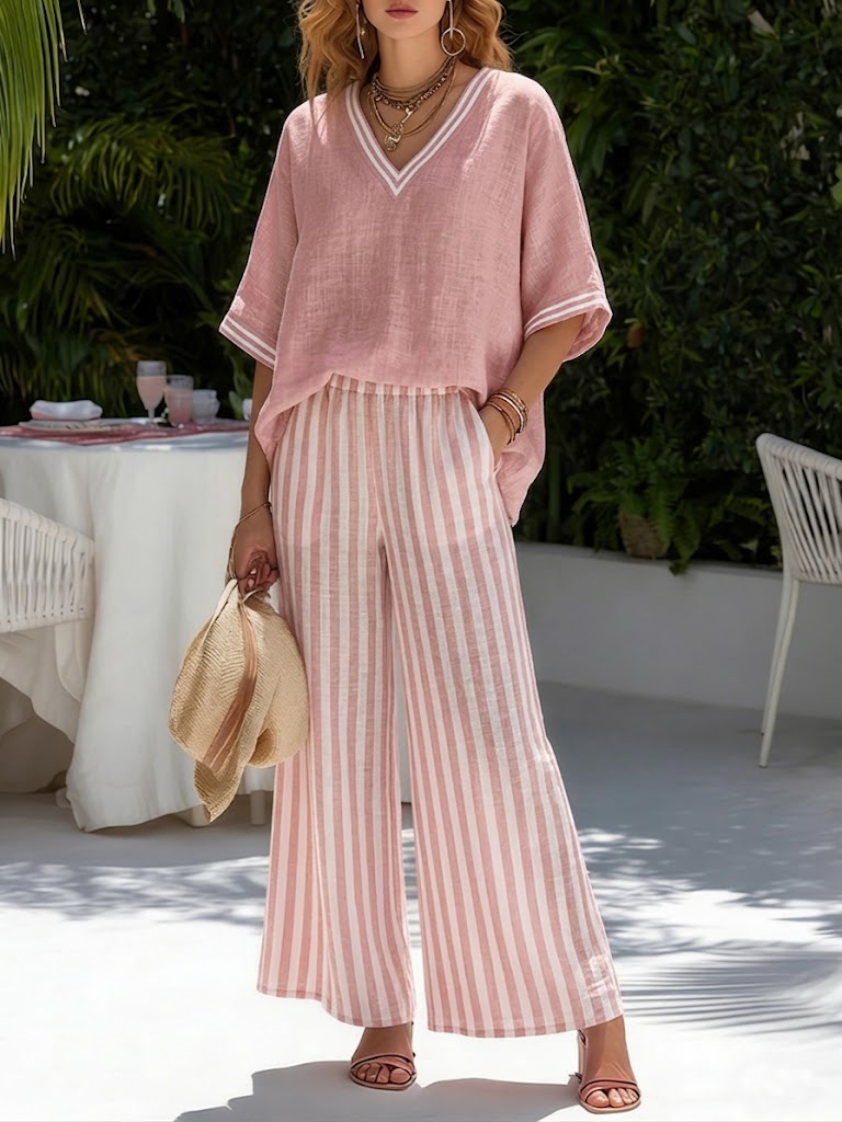 Elegant Striped V-Neck Wide-Leg Women’s Two-Piece Set