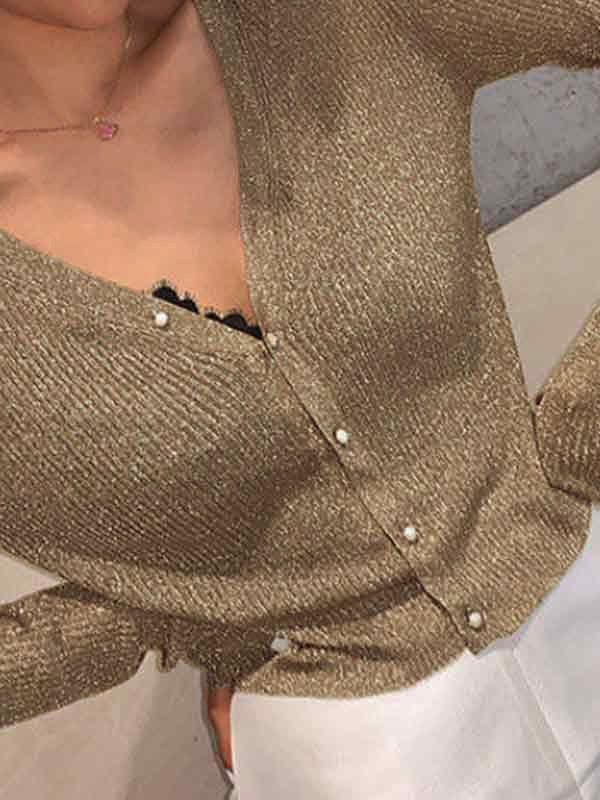 Retro Glitter Knit With Pearl Buttons Long Sleeve V Neckline