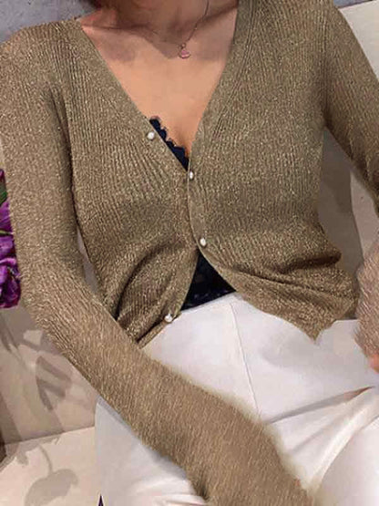 Retro Glitter Knit With Pearl Buttons Long Sleeve V Neckline