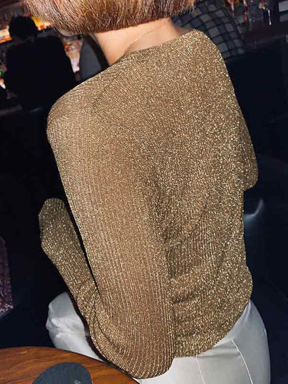 Retro Glitter Knit With Pearl Buttons Long Sleeve V Neckline