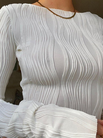 White Long-Sleeve Crop Top with Textured Stripes Casual