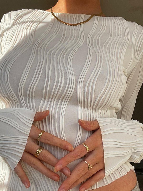 White Long-Sleeve Crop Top with Textured Stripes Casual