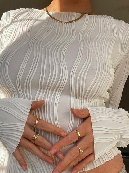 White Long-Sleeve Crop Top with Textured Stripes Casual