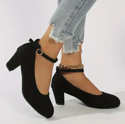 Women’s Round Toe Block Heels - Matte Suede Finish