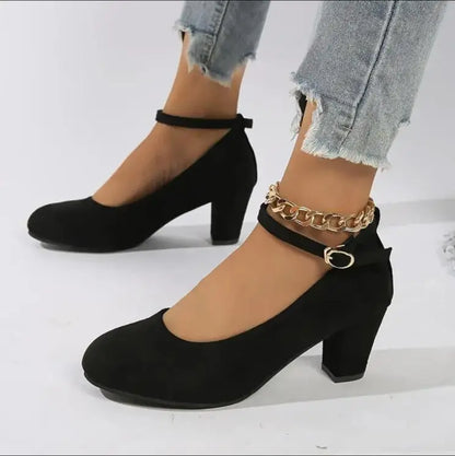 Women’s Round Toe Block Heels - Matte Suede Finish