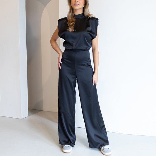 Satin Padded Shoulder Jumpsuit for Elegant Statement Looks