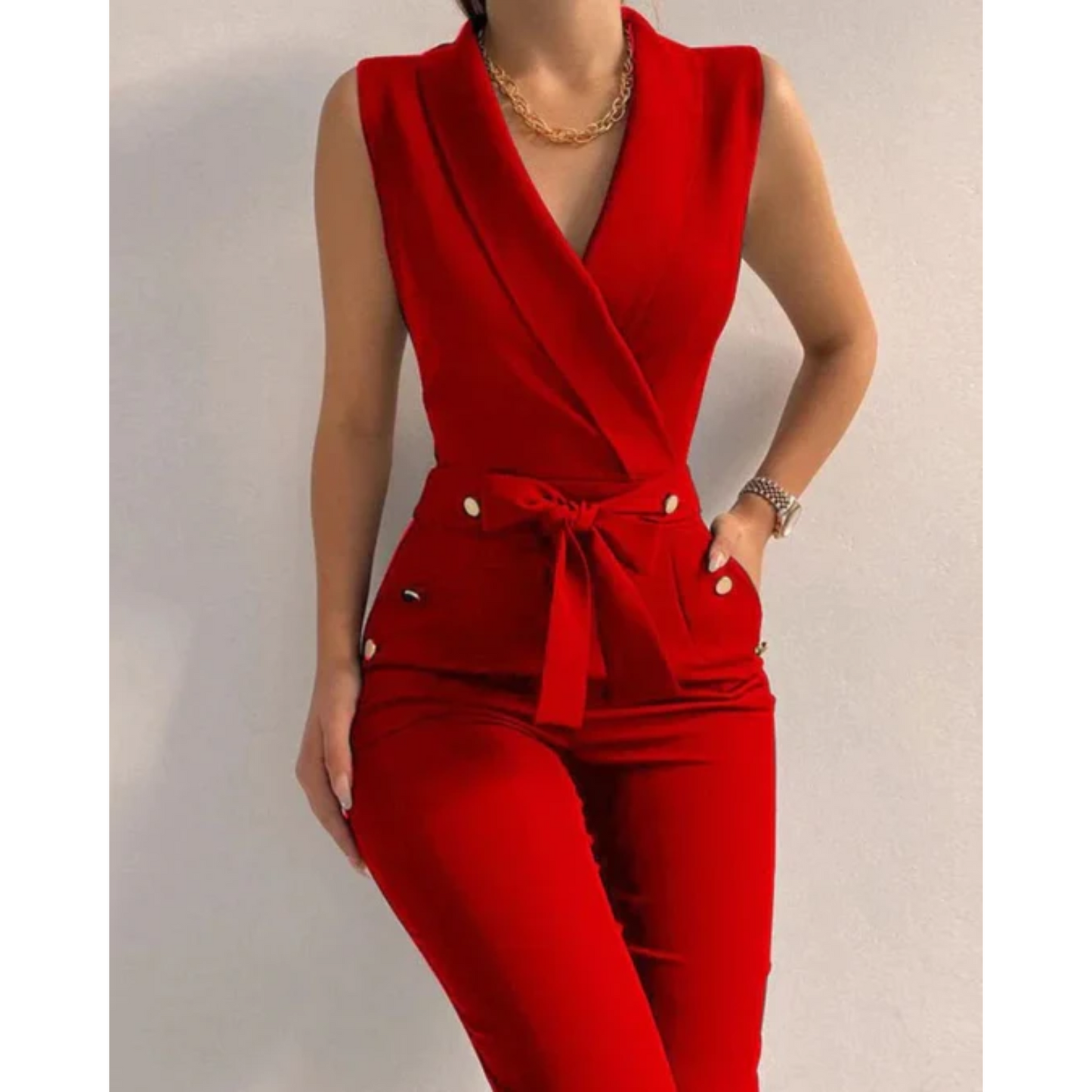 Scuba Crepe Waist-Tie Jumpsuit for Elegant Evening Styling