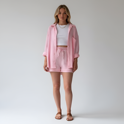 Women's 2-Piece Set - Button Down Shirt & Elastic Waist Short