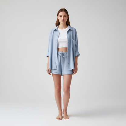 Women's 2-Piece Set - Button Down Shirt & Elastic Waist Short