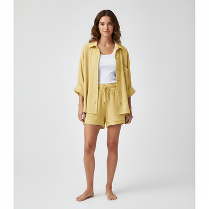 Women's 2-Piece Set - Button Down Shirt & Elastic Waist Short