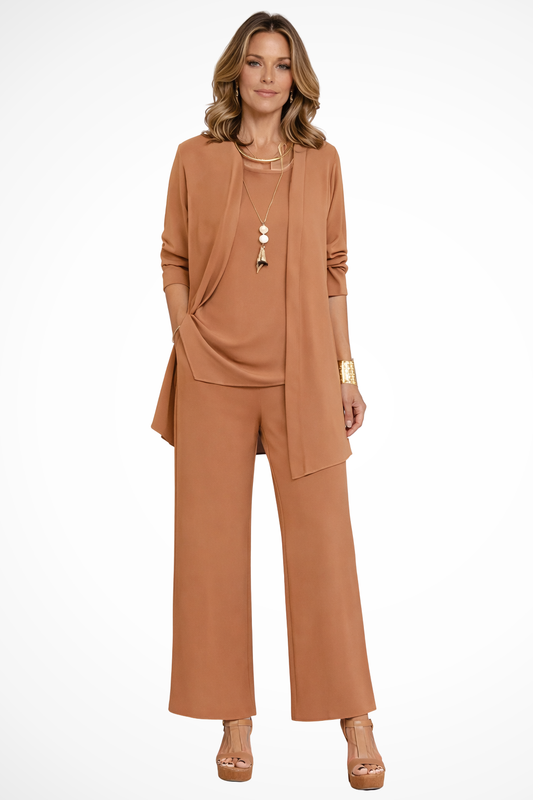 Women's 3-Piece Trouser Set - Sleeveless Top, Open Front Jacket and Wide-Leg Trousers
