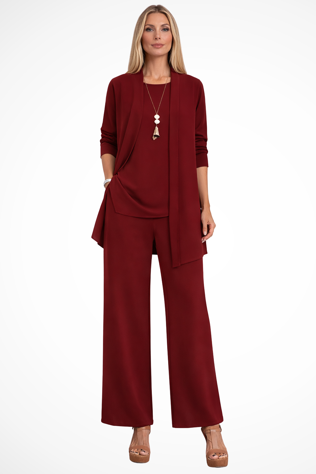 Women's 3-Piece Trouser Set - Sleeveless Top, Open Front Jacket and Wide-Leg Trousers