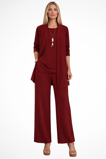 Women's 3-Piece Trouser Set - Sleeveless Top, Open Front Jacket and Wide-Leg Trousers