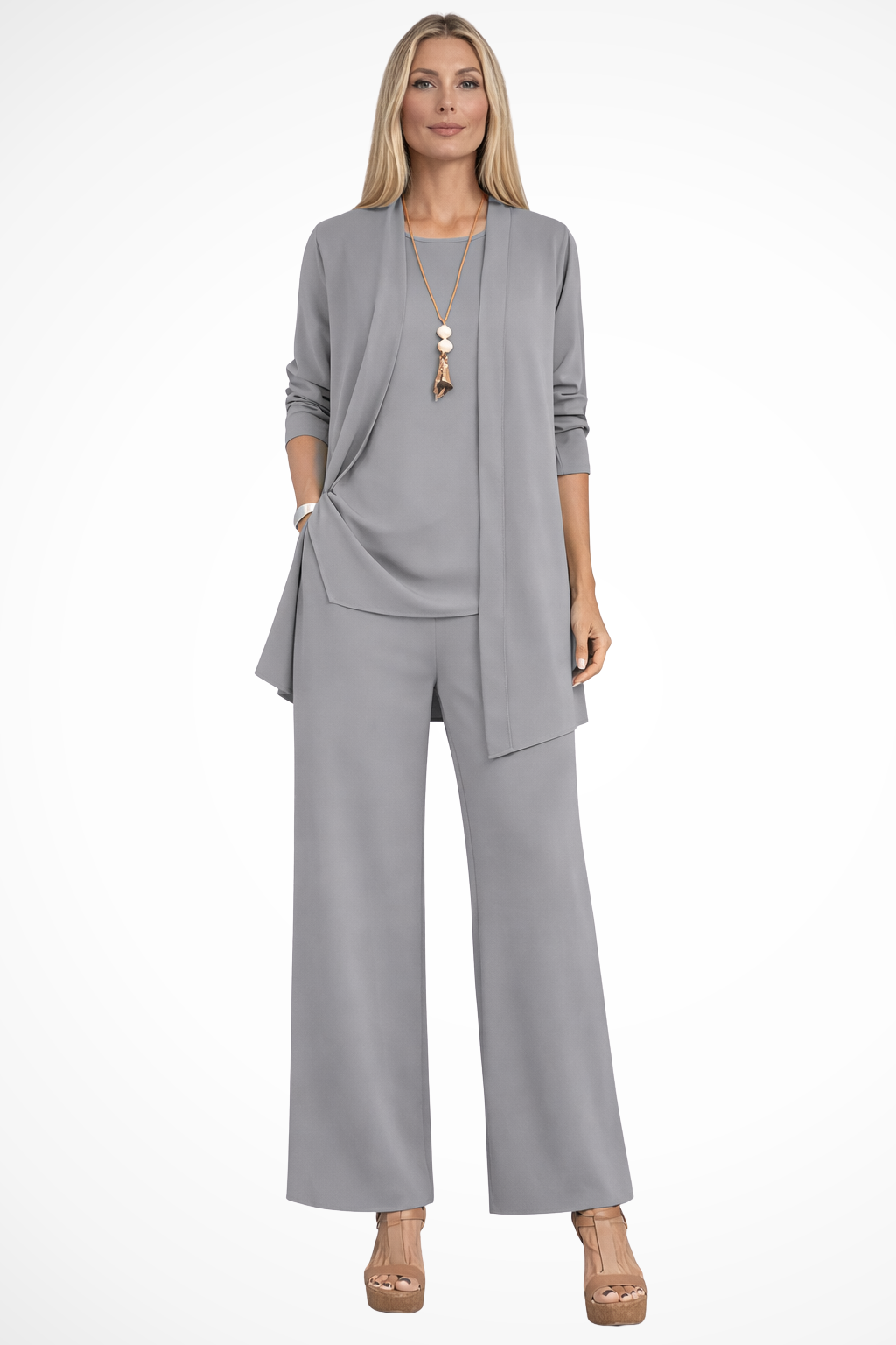 Women's 3-Piece Trouser Set - Sleeveless Top, Open Front Jacket and Wide-Leg Trousers