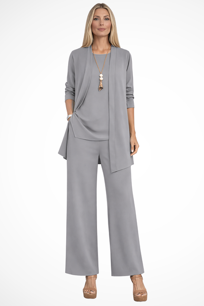 Women's 3-Piece Trouser Set - Sleeveless Top, Open Front Jacket and Wide-Leg Trousers