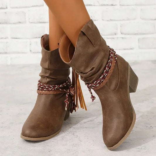 Women's Ankle Boots - Braided Strap and Tassel Detail Options