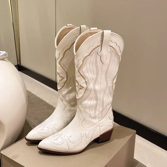 Women's Beige Cowboy Boots - Intricate Embroidery and Western Block Heel Detail