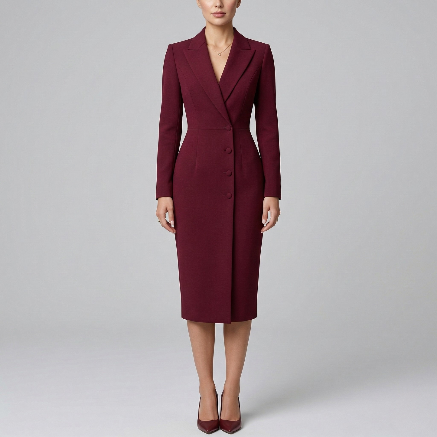 Women's Blazer Midi Dress - Peak Lapel and Button Fastening
