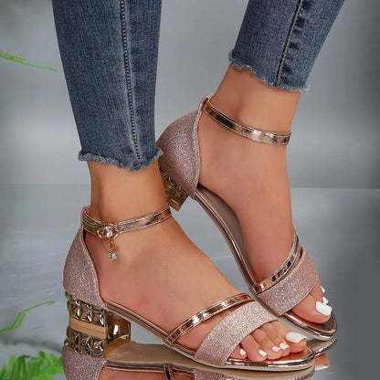 Women's Block Heel Sandals - Ankle Strap and Glitter Finish