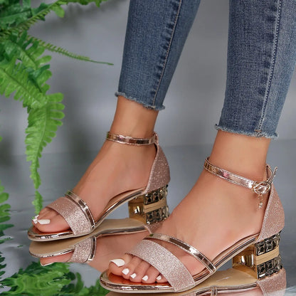 Women's Block Heel Sandals - Ankle Strap and Glitter Finish