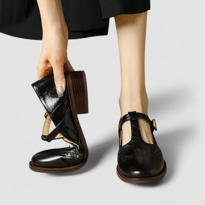 Women's Brogue Mary Jane Shoes - Low Block Heel and T-Bar Strap