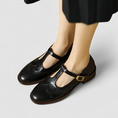 Women's Brogue Mary Jane Shoes - Low Block Heel and T-Bar Strap