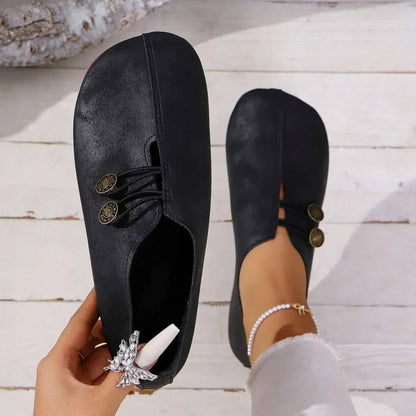 Women's Casual Flats - Matte Finish and Button Elastic Fastening Detail