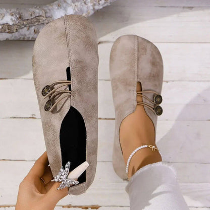 Women's Casual Flats - Matte Finish and Button Elastic Fastening Detail