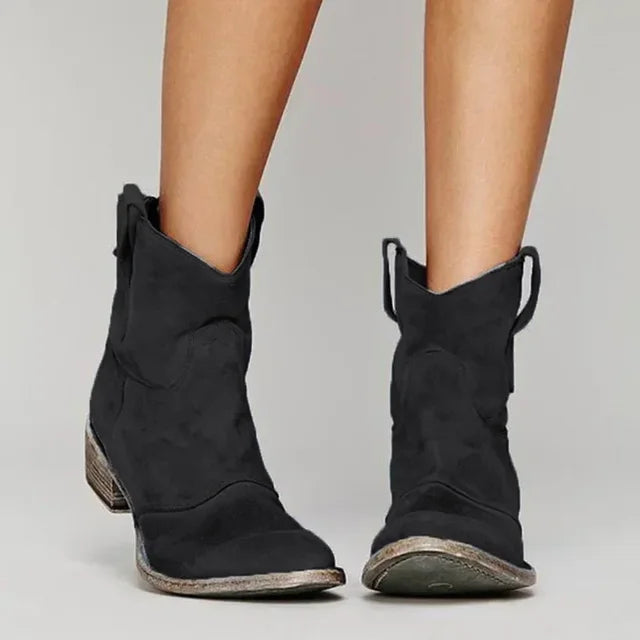 Women's Cowboy Boots - Matte Finish with Western Stitched Panel and Heel Detail
