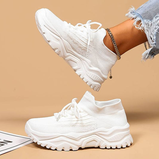 Women's Lace-Up Thick Sole Trainers - Breathable Mesh
