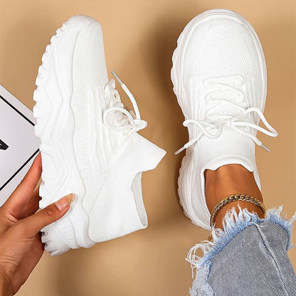 Women's Lace-Up Thick Sole Trainers - Breathable Mesh