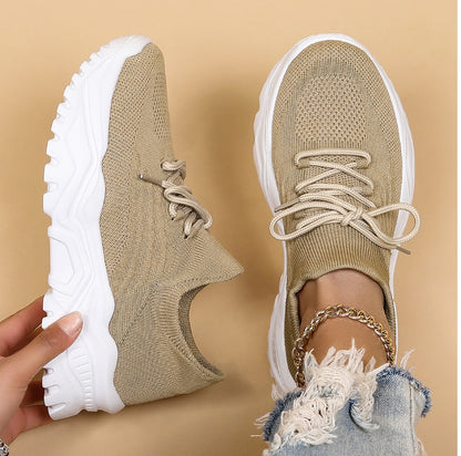 Women's Lace-Up Thick Sole Trainers - Breathable Mesh