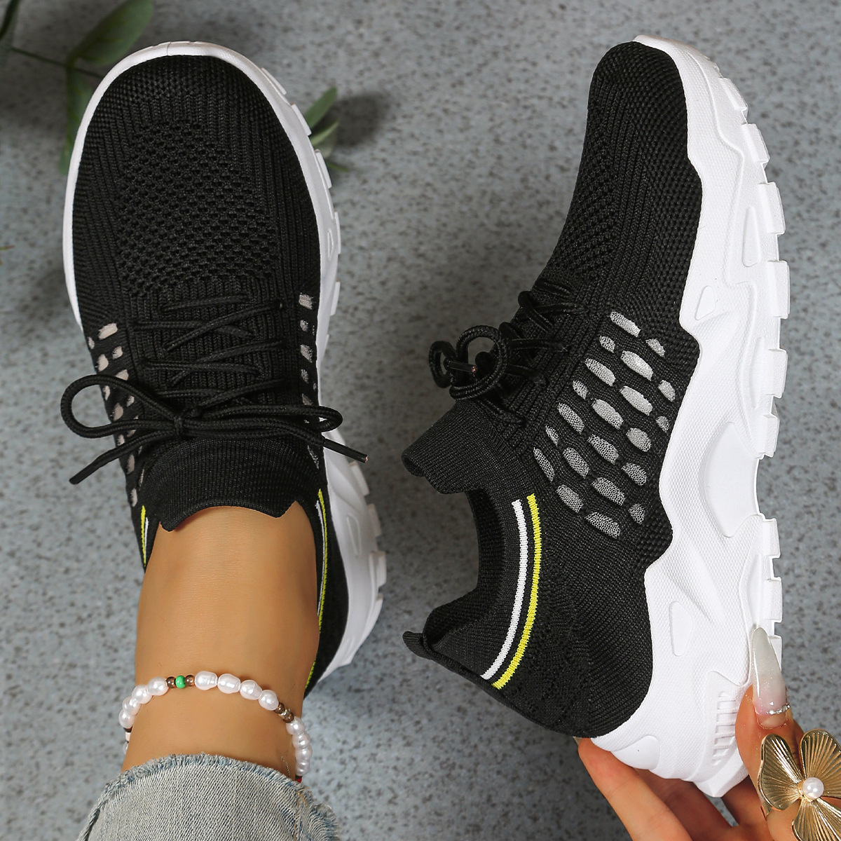 Women's Mesh Trainers - Lace-Up and Chunky Sole Detail