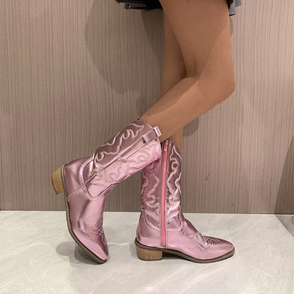 Women's Mid-Calf Boots - Tonal Western Embroidery and Low Block Heel Detail
