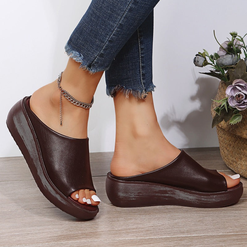 Women's Open Toe Slip-On Sandals - Platform Wedge Sole