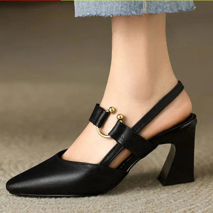 Women's Pointed Toe Slingback Heels - Flared Block Heel and Gold Ring Detail