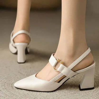 Women's Pointed Toe Slingback Heels - Flared Block Heel and Gold Ring Detail