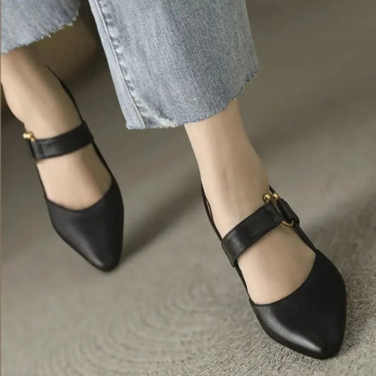 Women's Pointed Toe Slingback Heels - Flared Block Heel and Gold Ring Detail