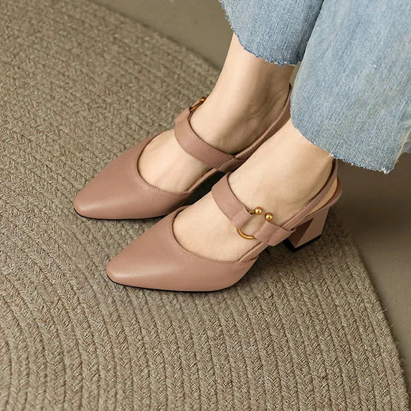 Women's Pointed Toe Slingback Heels - Flared Block Heel and Gold Ring Detail