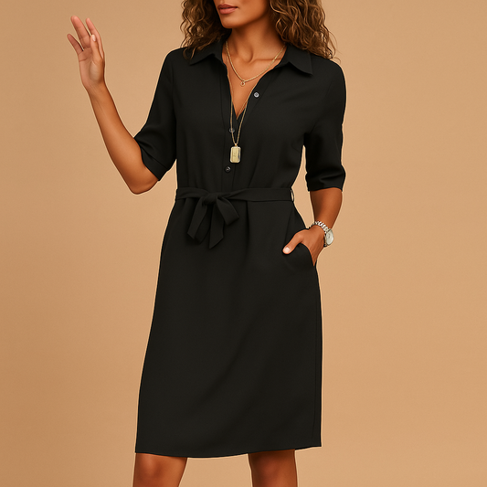 Women's Shirt Midi Dress - Notched Collar and Tie Waist