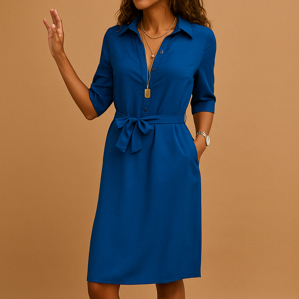 Women's Shirt Midi Dress - Notched Collar and Tie Waist
